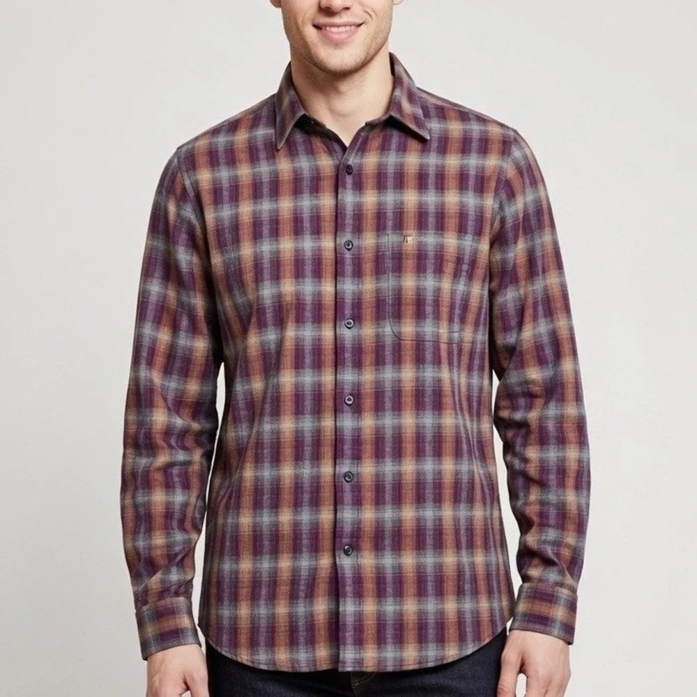 Banana Republic Luxe Flannel Shirt Mens XL Tall Camden Fit Plaid Purple Orange